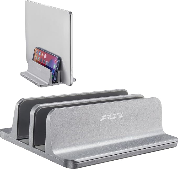 JARLINK Vertical Laptop Stand Holder, Aluminum Double Desktop Stand Holder with Adjustable Dock (Up to 17.3 inch), Compatible with MacBook, Surface, Chromebook, and Gaming Laptops, Grey