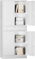 Metal Storage with 1 Drawer, 71" Cabinet with 4 Locking Doors and 2 Adjustable Shelves, Steel Storage File Cabinet for Pantry, Kitchen, Office, Garage (White)
