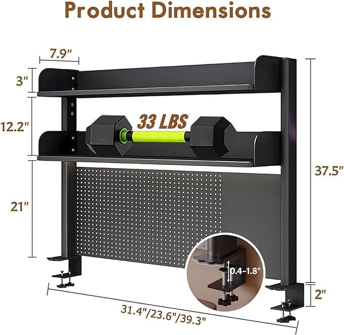 CHSSIH Clamp On Desk Pegboard Shelf - Metal Desktop Organizer Hutch with 2 Shelves for Storage and Display, Desk Add-On Shelf for Office, Dorm, or Computer Monitor Stand, Black, 39.3In