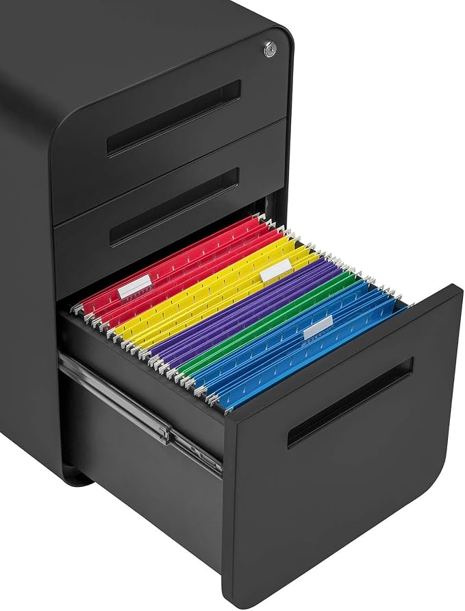 Laura Davidson Furniture Stockpile 3 Drawer File Cabinet with Lock - Under Office Desk Metal Filing Cabinet, Legal/Letter File Folders, Wheels and Stationary Feet, Pre-Assembled, Black