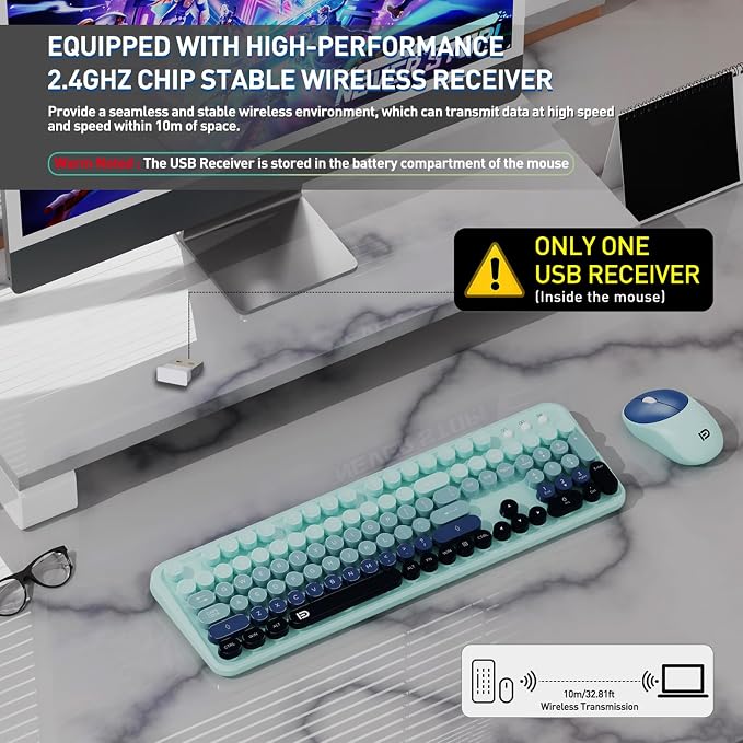 Wireless Keyboard and Mouse Combo with Switch Button- 2.4GHz Cordless Typewriter Keyboard | Auto-Sleep | USB Receiver for Windows PC/Laptop - Blue Gradient