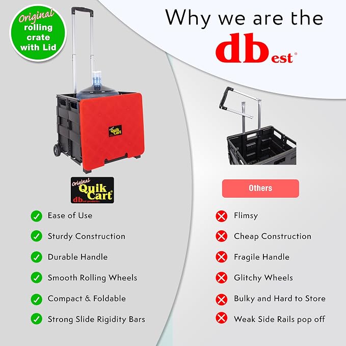 dbest products Quik Cart Collapsible Rolling Crate on Wheels for Teachers Tote Basket 80 lbs Capacity, Made from Heavy Duty Plastic and used as a Seat, Standard, Red