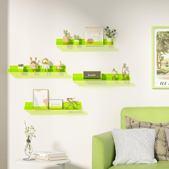 upsimples Acrylic Shelves for Wall Decor, 15" Display Shelf for Figure, Nail Polish, Wall Organizer for Bathroom, Bedroom, Living Room, Playroom, Kids Bookshelf, Clear Fluorescent Green, 4 Pack