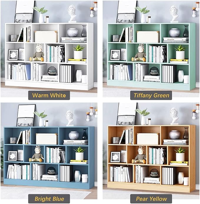 IOTXY Open Shelf Low Bookcase - Wooden 3-Tier Floor Standing Display Cabinet Organizer with Base, 10 Cubes Short Horizontal Bookshelf in Pear Yellow