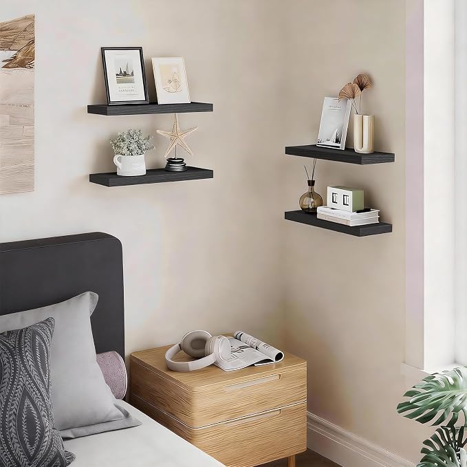 BAYKA Floating Shelves for Wall, 15.7in Wall Mounted Rustic Wood Shelves for Bathroom, Bedroom, Living Room, Kitchen, Hanging Shelf for Books/Storage/Room Decor with 22lbs Capacity (Black, Set of 4)