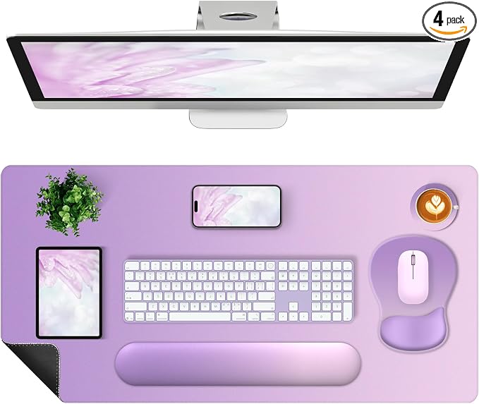 4-in-1 Large Gaming Mouse Pad, Keyboard Wrist Rest Pad & Wrist Support Mousepad Set, Extended Desk Pad Waterproof Desk Mat for Home Office Decor Study Game 35.4×15.7 Inches I Purple Pink Lavender