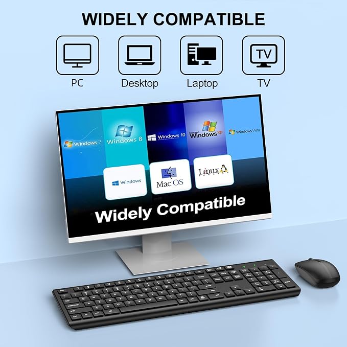 Wireless Keyboard and Mouse Combo, Full-Size Silent Ergonomic Keyboard and Optical Mouse, Long Battery Life, 2.4G Lag-Free Cordless Mice Keyboard for Laptop/Mac/PC/Windows(2 Packs