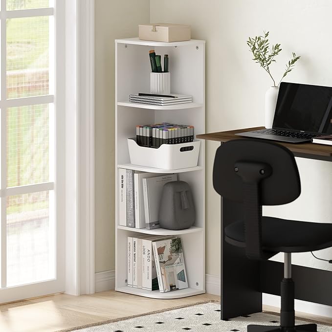 Furinno Pasir 4-Tier Corner Open Shelf Bookcase, White