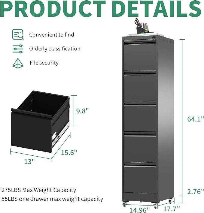 5 Drawer Mobile File Cabinet, Under Desk File Cabinet,Metal Filing Cabinets with Lock for Home Office Organizer Letter/Legal/A4,Require Assembly (Black)