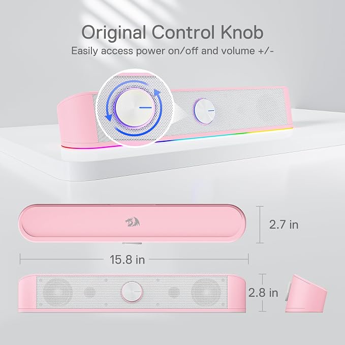 Redragon GS560 RGB Desktop Soundbar, 2.0 Channel Computer Speaker with Dynamic Lighting Bar Audio-Light Sync/Display, Touch-Control Backlit with Volume Knob, USB Powered w/ 3.5mm Cable, Pink