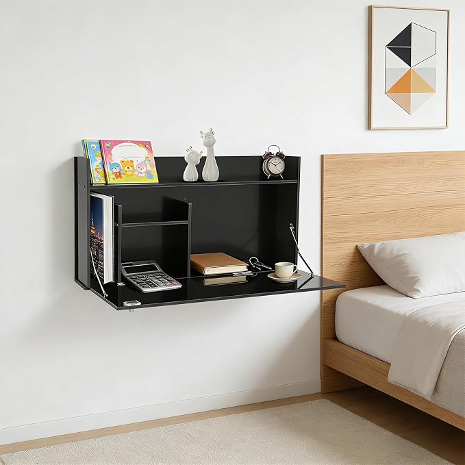 Wall Mounted Desk Cabinet, 31.5" Foldable Floating Desk with Storage, Wall-Mounted Computer Workstation, Space Saving Laptop Table for Home Office Study Room