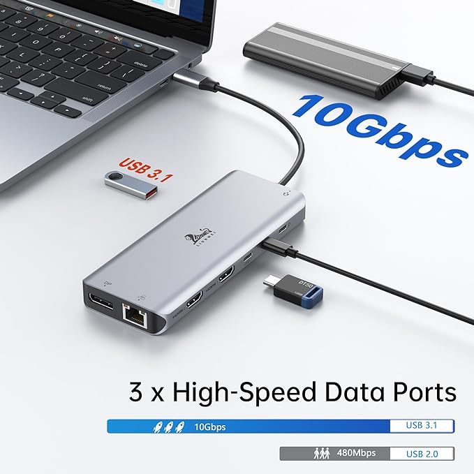 LIONWEI Laptop Docking Station 13 in 1 - Dual HDMI+DisplayPort+10Gbps, 6 USB C/A, 100W PD, Ethernet, SD/TF, Audio, USB C Hub for MacBook/Dell/HP/Surface