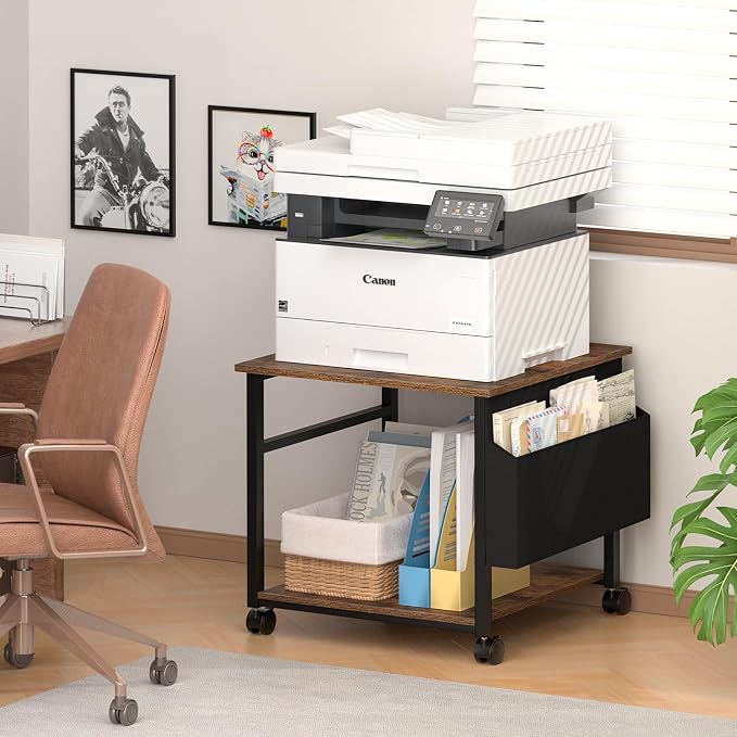 Lerliuo Large Printer Stand with Storage Shelf, 23.6 x 23.6 x 22.8 Industrial Printer Table for Home Office, Rolling Printer Cart Holder with Lockable Wheels, Mobile Mini Fridge Stand Table (Brown)