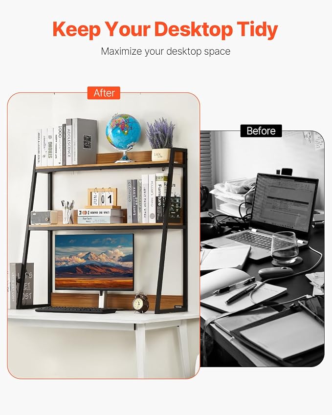 VEVOR 2-Tier Desktop Storage Organizer, 37.4" x 12.6" x 35.4" Office Storage Rack, Wood Color Display Shelf, Desktop Bookshelf Hutch with Anti-Slip Feet Pads, for Office, Home & Dorm