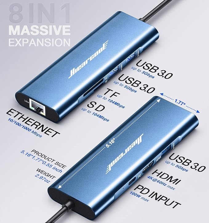 Hiearcool USB C Hub, 8in1 USB-C to 4K 60Hz HDMI Docking Station, USBC Ethernet Multi-Port Adapter 100W PD Dock Compatible for MacBook Pro Air M1 Dell HP Lenovo and Other C Devices-Midnight Blue