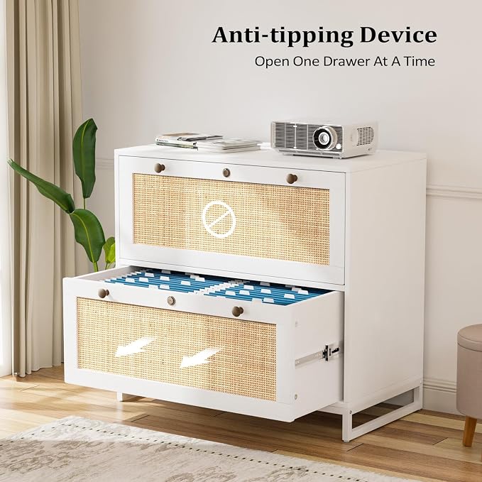 VINGLI White & Natural Rattan 2 Drawer Lateral File Cabinet with Lock, Wood Locking File Cabinets for Home Office, File Cabinet Printer Stand for Hanging Letter/Legal Size Folders, 30W x 16D x 28H