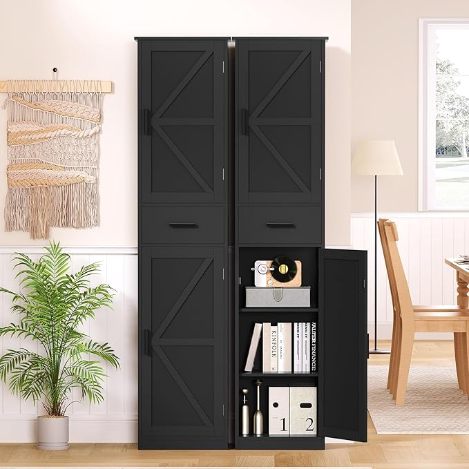 TEENFON Tall Bathroom Cabinet, Storage Cabinet with 6 Shelves & Drawer, Bathroom Storage Cabinet with Adjustable Shelves, Tall Cabinet for Living Room, Home Office, Black