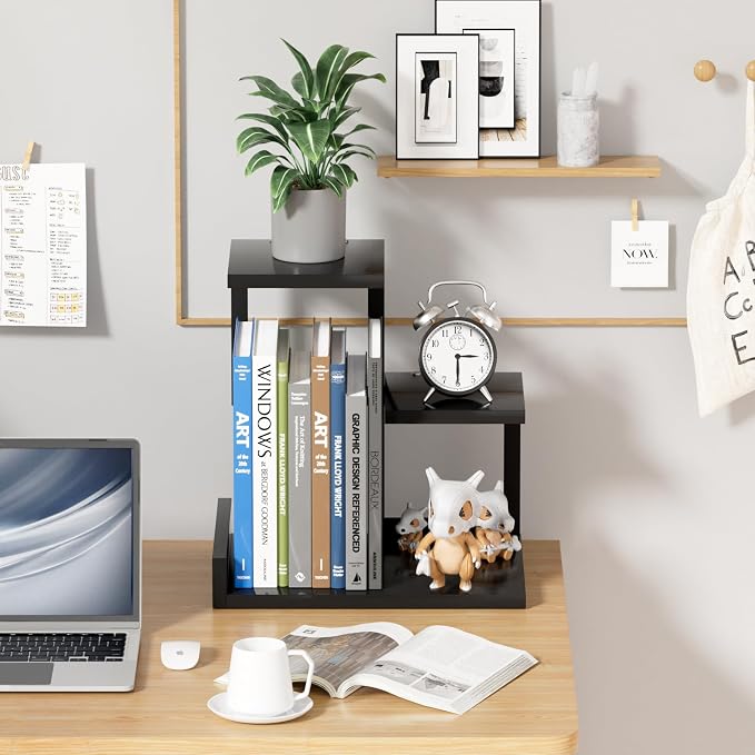 Gannyfer Desk Shelf Organizer - Wood Desktop Shelf, Freestanding Desk Hutch Office Decor, 3 Tier Storage Display Rack, Small Bookshelf with Metal Frame for Books/Plants/Toys (Black)