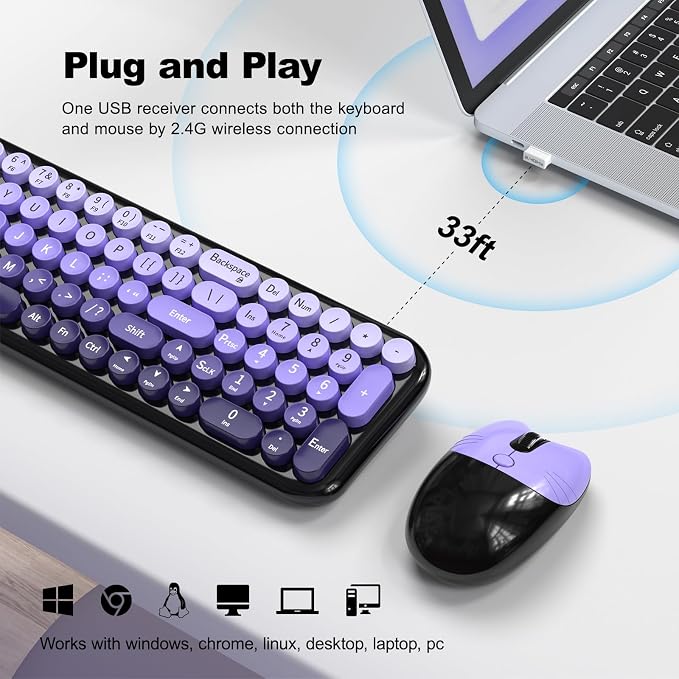 Wireless Keyboard and Mouse Combo, Meidosa 2.4GHz Colorful Full-Size Retro Typewriter Keyboard with Cat Shape 3 Level Adjustable Optical Mouse for PC/Desktop/Laptop/Windows (Black Purple)