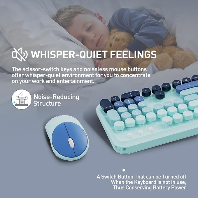 Wireless Keyboards Mouse Combos, Colorful Cute Typewriter Full-Size Retro Round Keycaps, 2.4GHz Cordless Connection Sleep Mode Office Wireless Keyboard and Mouse Set for Desktop Laptop PC Computer