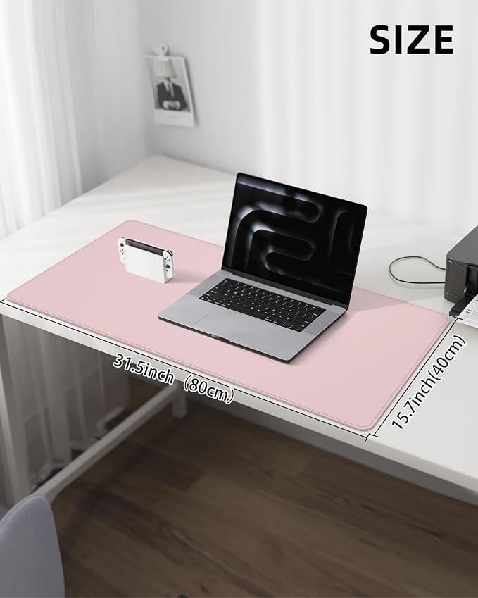 Leather Desk Pad Protector, Mouse Pad, Office Desk Mat, Non-Slip PU Leather Desk Blotter, Laptop Desk Pad, Waterproof Desk Writing Pad for Office and Home (Light Pink, 31.5" x 15.7")