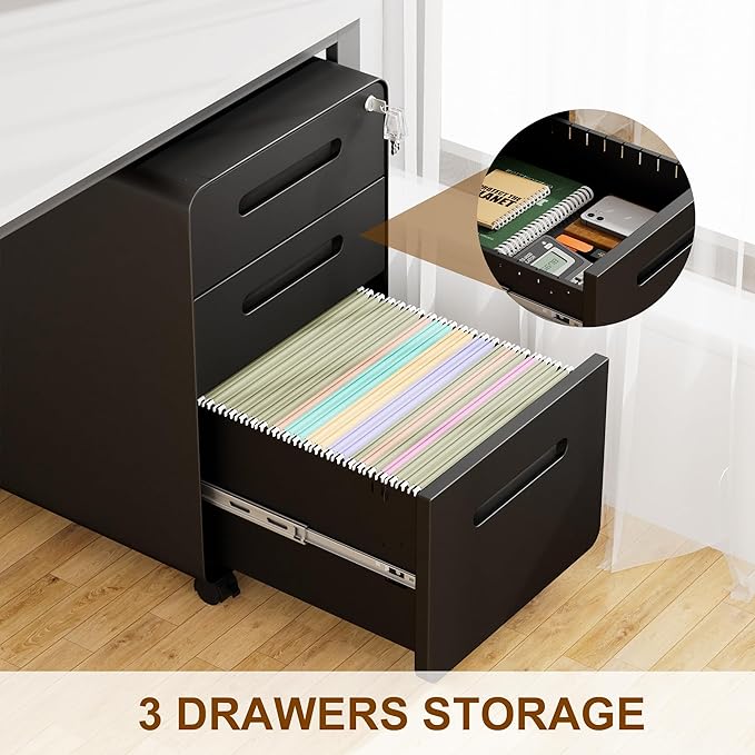 3 Drawer File Cabinet with Lock and 4 Keys, Mobile Metal Filing Cabinet, File Cabinets for Home Office, Under Desk, Pre-Assembly, File Drawer, Letter/Legal/A4 Hanging File Folders