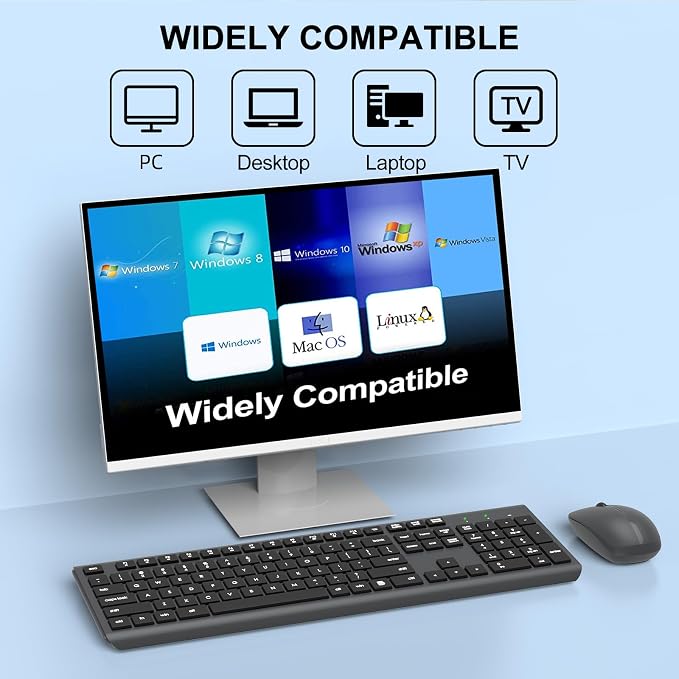 Wireless Keyboard and Mouse Combo, Full-Size Silent Ergonomic Keyboard and Optical Mouse, Long Battery Life, 2.4G Lag-Free Mice Keyboard for Computer,Mac,Laptop,PC,Windows(Gray)