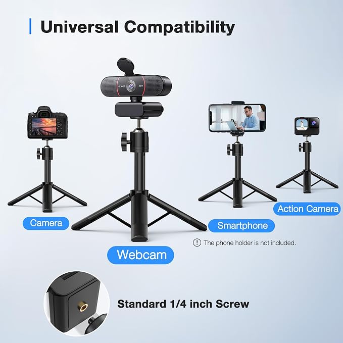 EMEET C960 4K Webcam with Tripod, 4K UHD Sony Sensor, 3 Adjustable Height Mini Tripod w/Privacy Cover, PDAF Auto Focus, Dual Noise-Cancelling Mics, Auto Light Correction, Perfect for Online Meetings