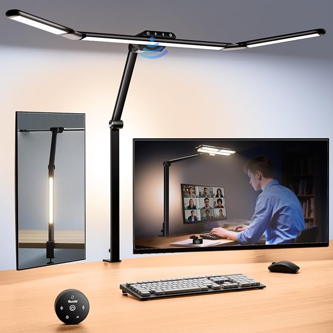 Quntis 32.5" Architect Desk Lamps for Office Home Dorm - Eye Care 3 Light Bar 1100LM Bright, Ambient Backlight, Radar Sensor, Remote Control, 2H Timer, Workbench Drafting Reading Video Conference Task