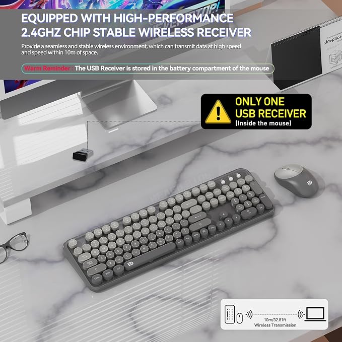 Wireless Keyboard and Mouse Combo, 2.4 GHz Wireless Full-Sized Typewriter Keyboard with Round Keycaps for Windows, Computer, Desktop, PC, Laptop (Grey)