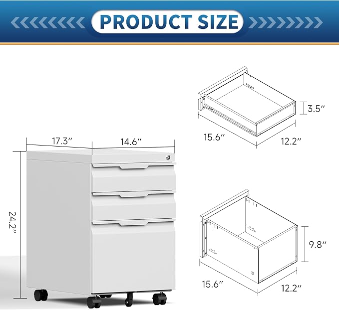 File Cabinet for Home Office,3 Drawers Mobile File Cabinets Rolling,Under Desk Metal Filing Cabinet, Small Mobile File Storage Cabinets for Legal/Letter/A4 -White/Assembly Required