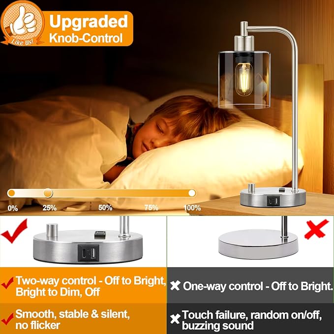 Set of 2 Industrial Table Lamps with USB C+A Ports and Outlet, Brushed Nickle Fully Stepless Dimmable Bedside Lamps, Nightstand Lamp with Clear Glass Shade for Bedroom Living Room 2 LED Bulb Included
