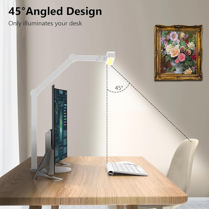 Micomlan Led Desk Lamp with Atmosphere Lighting, Rotatable Tall Architect Desk Lamp for Home Office with Swing Arm, 24W Bright Auto Dimming Adjustable Computer Light with Base for Table