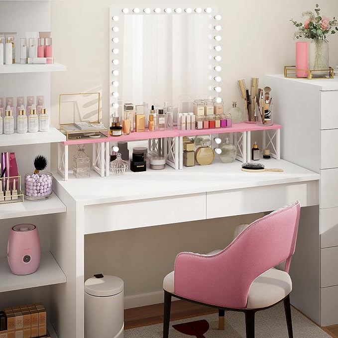 ELITEROO Desktop Shelf, 2 Tier Independent Stackable Desk Stand, Adjustable Freestanding Table Top Mini Bookshelf, Aesthetic Storage Organizers for Women/Girls/Daughter, Pink