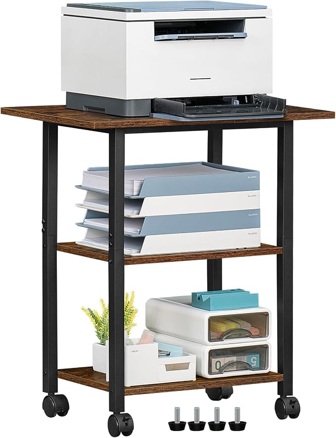 Lerliuo 3-Tier Printer Stand, Industrial Mobile Printer Table with Storage Shelf and Steel Frame, Rolling Printer Cart Holder with Lockable Wheels for Home, Office (Brown)