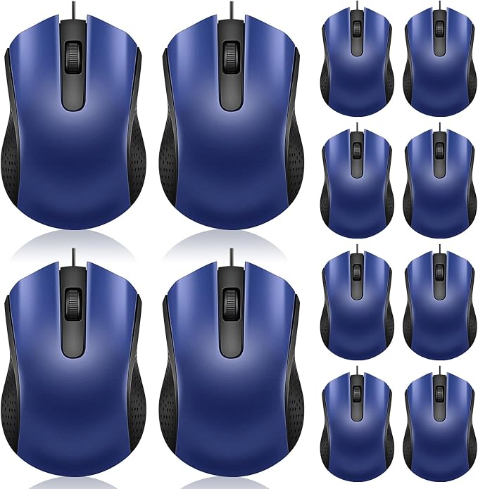Hoteam 12 Pcs Blue Wired Computer Mouse Bulk Cord USB Computer Mice Ergonomic Wired Mouse for Pcs, Computers, Laptops, Gaming Office Home Supplies