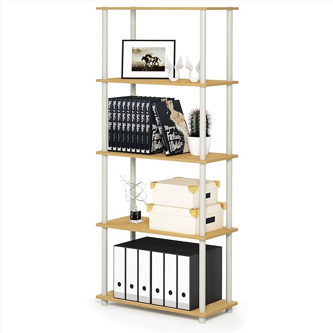 Furinno TURN-N-TUBE Storage Shelves, 5-Tier Book Shelf, Corner Shelf, Toolless Open Shelves, for Organization and Storage, Living Room, Garage, Home Office, Beech