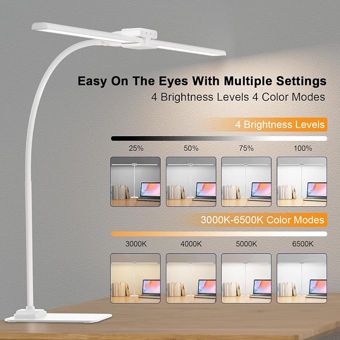 EppieBasic Led Desk Lamp,24W 31.5IN Architect Double Head Desk Lamps for Home Office,Dimmable & 6 Color Modes Extra Bright Modern Table lamp with Base,Overhead Computer Lighting for Workbench Monitor