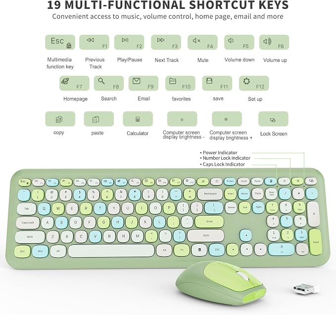 Wireless Keyboard and Mouse Combo, Colorful Ergonomic Full Size Retro Low-Noise Keyboard with Cute keycaps, Compatible with Windows, PC, Perfer for Home and Office Keyboards (Green)