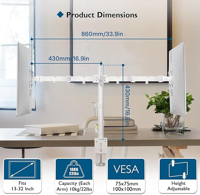 BONTEC Dual Monitor Desk Mount, Full Motion Adjustable White Monitor Stand for 13–27 Inch Screens, Heavy Duty Arms Hold 22 lbs Each, VESA 75x75/100x100, C Clamp and Grommet Base, Cable Management