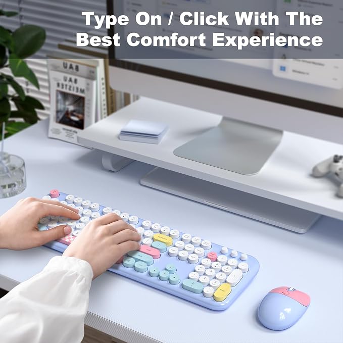 Dilter Wireless Keyboard and Mouse Combo, Full-Sized Typewriter Keyboards, Cute Cat Shaped Wireless Mouse, USB Plug and Play for Windows, Computer, PC, Laptop, Desktop (Blue Colorful)