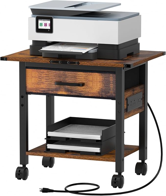 Lerliuo Under Desk Rolling Printer Stand with Charging Station and USB Ports, 2-Tier Printer Table Desk with Fabric Drawer, Printer Cart Holder with Lockable Wheels for Home, Office (Brown)