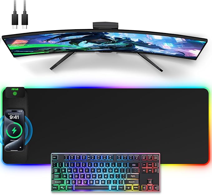 Wireless Charging Mouse Pad, 31.5"x11.81" XL Gaming Mousepad with 11 RGB Colors & 5 Lighting Modes, Home Office Large Desk Pad, Ultra-Smooth Surface, Non-Slip, Waterproof Keyboard Pad Black Desk Mat