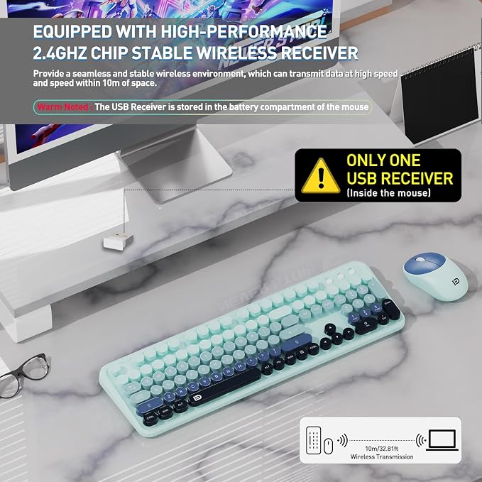 Wireless Keyboards Mouse Combos, Colorful Cute Typewriter Full-Size Retro Round Keycaps, 2.4GHz Cordless Connection Sleep Mode Office Wireless Keyboard and Mouse Set for Desktop Laptop PC Computer