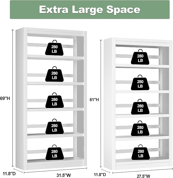 OSEILLC 69" H 5-Shelf Heavy Duty Metal Bookcase, Adjustable Bookshelf with Large Capacity, Sturdy Bookshelf for Home Office, Living Room, Garage