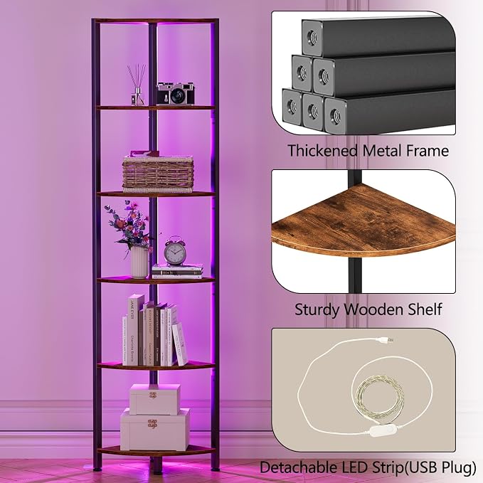 Furnulem 6 Tier Corner Shelf with LED Light, 67.5” Tall Standing Shelf Organizer, Narrow Bookshelf with Storage Rack for Wall Corner, Living Room, Bedroom, Metal Frame, Wood Display Shelf