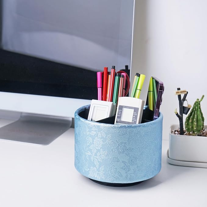 lizimandu Round Leather Art Supply Organizer,Remote Control Holder,360 Degree Spinning,Multi-Functional Pencil Holder,4 Compartments Desktop Stationary Organizer(1-Liuli Blue)