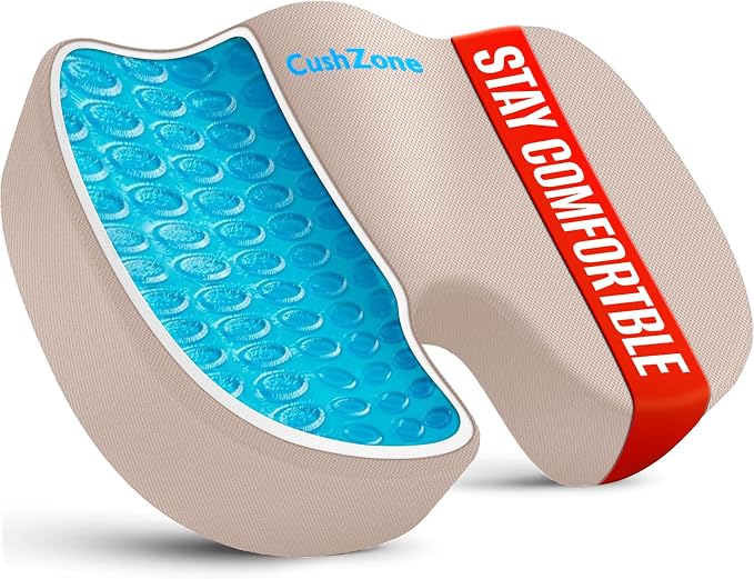Office Chair Seat Cushion, Cooling Gel Enhanced Memory Foam Cushion for Long Sitting - Back, Sciatica, Coccyx, Tailbone Pain Relief Pillow - for Office, Gaming, Car, Wheelchair - Khaki, Large