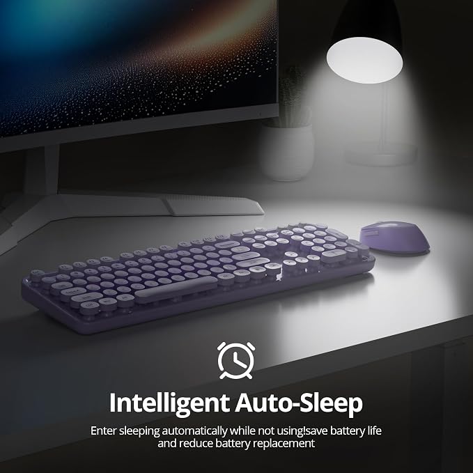GTSP Colorful Purple Wireless Keyboard and Mouse Combo, Retro Typewriter Wireless Full-Size Cute Office Keyboard 2.4GHz with Round Keycaps for Desktop Laptop and PC (Cute Purple)