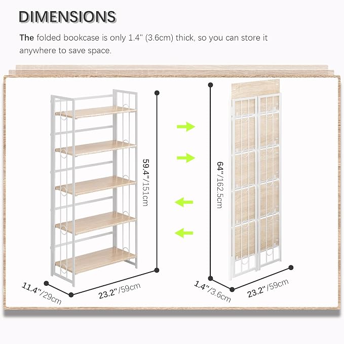 4NM No Assembly 5 Tiers Folding Bookshelf, 59.4" H Foldable Storage Shelves Vintage Bookcase Standing Racks Study Organizer Home Office - Natural White
